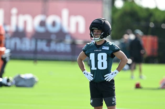 PHILADELPHIA, PA - JULY 29: Philadelphia Eagles wide receiver John Metchie III 18 is shown during the Philadelphia Eagles training camp on July 29th, 2026 at Jefferson Health Training Complex in Philadelphia, PA. (Photo by Terence Lewis Icon Sportswire) NFL, American Football Herren, USA JUL 29 Eagles Training Camp EDITORIAL USE ONLY Icon260729010