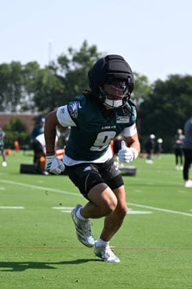 PHILADELPHIA, PA - JULY 29: Philadelphia Eagles wide receiver Makal Lemon 9 runs a drill during the Philadelphia Eagles training camp on July 29th, 2026 at Jefferson Health Training Complex in Philadelphia, PA. (Photo by Terence Lewis Icon Sportswire) NFL, American Football Herren, USA JUL 29 Eagles Training Camp EDITORIAL USE ONLY Icon260729033
