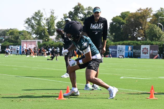 PHILADELPHIA, PA - JULY 29: Philadelphia Eagles wide receiver Makal Lemon 9 runs a drill during the Philadelphia Eagles training camp on July 29th, 2026 at Jefferson Health Training Complex in Philadelphia, PA. (Photo by Terence Lewis Icon Sportswire) NFL, American Football Herren, USA JUL 29 Eagles Training Camp EDITORIAL USE ONLY Icon260729038