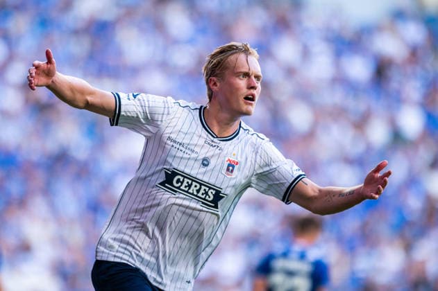 Tobias Bech celebration during UEFA Champions League second qualifying round 26 27 match between teams of Lech Poznan and Aarhus GF (Gleb Soboliev Ball Raw Images) Poznan ENEA Stadion Poland Copyright: xGlebxSobolievx DSC_2067
