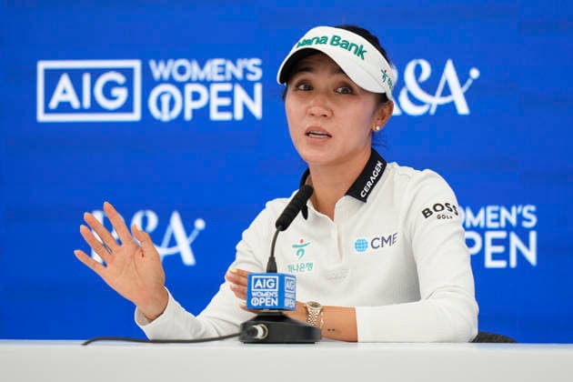 LYTHAM, ENGLAND - JULY 29: Lydia Ko (NZL) speaks to the press during Practice at the 50th AIG Women™s Open Championship at the Royal Lytham and St Anne™s Golf Club, Lytham on July 29, 2026 in Lancashire, England The 50th AIG Women™s Open Championship