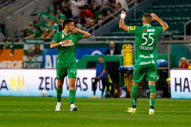 VIENNA, AUSTRIA - 29 JULY 2026: Image shows Kara Ercan (Rapid, 9) and CvetkoviÄ‡ Nenad (Rapid, 55) celebrating the first goal for SK Rapid Wien during UEFA Conference League 2026 27 Second Qualifying Round, Second Leg: SK Rapid Wien vs FC Santa Coloma at Weststadion on 29 07 2026 in Vienna, Austria. Austria Copyright: xFröhlichxPascalx