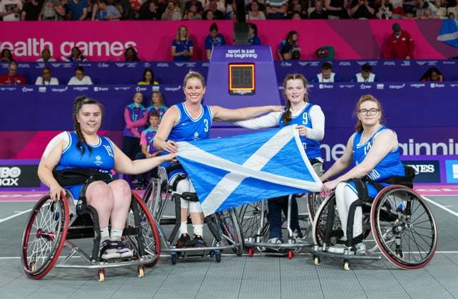 Jodi Waite, Robyn Love, Leah Smith & Kayli English of Scotland celebrate winning a Silver medals after an 18-10 defeat to England in the Wheelchair Women s 3x3 Basketball Final Gold Medal Match. Glasgow 2026 Commonwealth Games, Day Seven, Glasgow, Scotland, UK - 29 Jul 2026Glasgow Scotland United Kingdom  Copyright: xStuartxWallace Shutterstockx 17016078ac