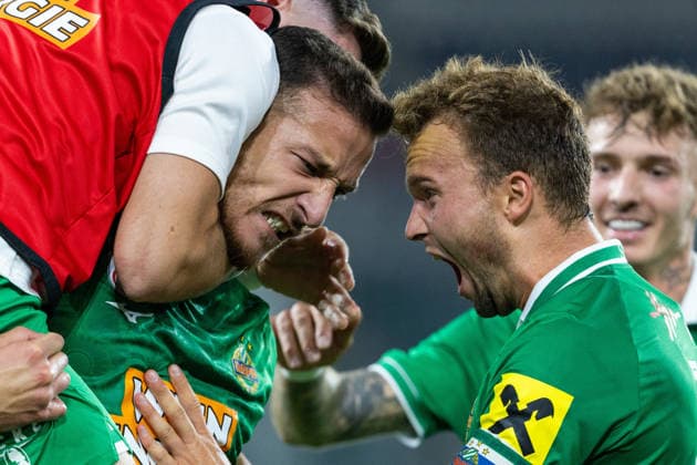 SOCCER - UEFA ECL, Rapid vs Coloma VIENNA,AUSTRIA,29.JUL.26 - SOCCER - UEFA Conference League, qualification, SK Rapid Wien vs FC Santa Coloma. Image shows the rejoicing of Ercan Kara and Matthias Seidl (Rapid).  GEPAxpictures xPhilippxBrem