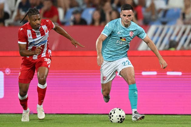 CRVENA ZVEZDA vs LARNE NORTHERN IRLAND JORDAN MCENEFF vs FRANKLIN TEBO UCHENNA Frenklin Tebo Ucena football Crvena zvezda vs Larne Northern Irland during UEFA Champions league qualification match at Rajko Mitic stadium, Belgrade 29.07.2026 Foto: FOOTBALL, CRVENA ZVEZDA, RED STAR, UEFA CHAMPIONS LEAGUE QUALIFICATIONS, LARNE NORTHERN IRLAND Belgrade Rajko Mitic stadium Serbia Copyright: xMarkoxMetlasx xMNxPressx