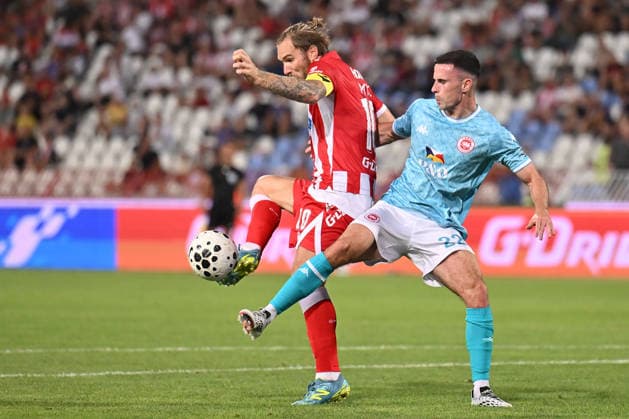 CRVENA ZVEZDA vs LARNE NORTHERN IRLAND ALEKSANDAR KATAI vs JORDAN MCENEFF football Crvena zvezda vs Larne Northern Irland during UEFA Champions league qualification match at Rajko Mitic stadium, Belgrade 29.07.2026 Foto: FOOTBALL, CRVENA ZVEZDA, RED STAR, UEFA CHAMPIONS LEAGUE QUALIFICATIONS, LARNE NORTHERN IRLAND Belgrade Rajko Mitic stadium Serbia Copyright: xMarkoxMetlasx xMNxPressx