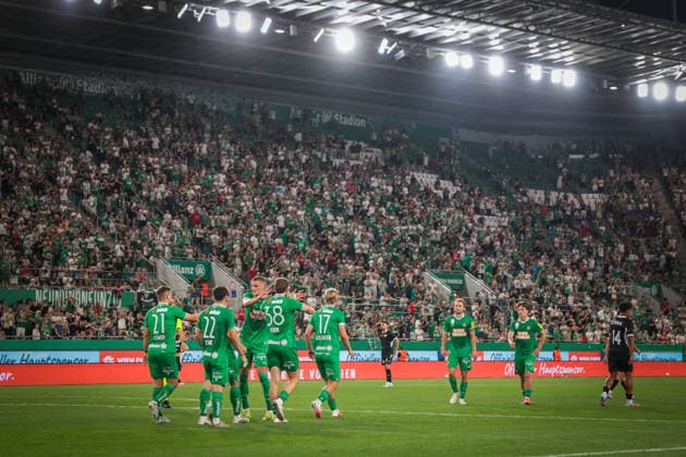 SOCCER - UEFA ECL, Rapid vs Coloma VIENNA,AUSTRIA,29.JUL.26 - SOCCER - UEFA Conference League, qualification, SK Rapid Wien vs FC Santa Coloma. Image shows the rejoicing of Rapid.  GEPAxpictures xDavidxBitzan