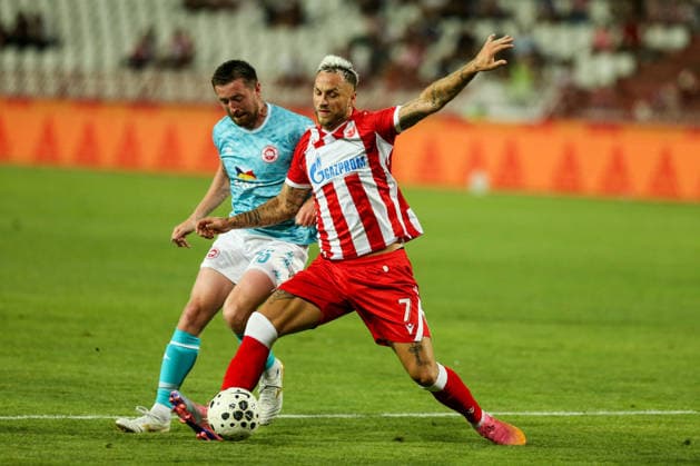 Red Star Belgrade v Larne - UEFA Champions League Qualifying BELGRADE, SERBIA - JULY 29: Marko Arnautovic (7) of Red Star Belgrade in action against Matt Doherty (15) of Larne during the Champions League second qualifying round second leg between Red Star Belgrade and Larne at Red Star Stadium in Belgrade, Serbia, on July 29, 2026. Filip Stevanovic Anadolu Belgrade Serbia. Editorial use only. Please get in touch for any other usage.  Copyright: x2026xAnadoluxFilipxStevanovicx