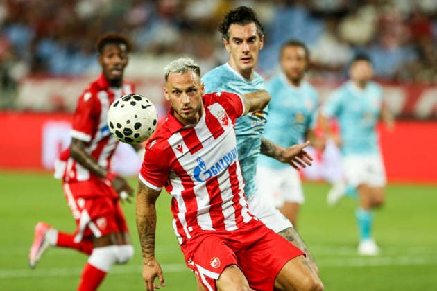 Red Star Belgrade v Larne - UEFA Champions League Qualifying BELGRADE, SERBIA - JULY 29: Matt Ridley (rear) of Larne in action against Marko Arnautovic (front) of Red Star Belgrade during the Champions League second qualifying round second leg between Red Star Belgrade and Larne at Red Star Stadium in Belgrade, Serbia, on July 29, 2026. Filip Stevanovic Anadolu Belgrade Serbia. Editorial use only. Please get in touch for any other usage.  Copyright: x2026xAnadoluxFilipxStevanovicx