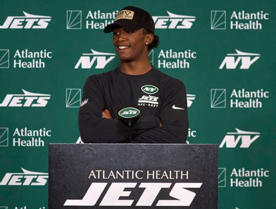 New York Jets wide receiver Garrett Wilson (5) during press conference, PK, Pressekonferenz during training camp at the Atlantic Health Jets Training Center, Florham Park, New Jersey. CSM Florham Park United States - ZUMAc04_ 20260729_zma_c04_017 Copyright: xDuncanxWilliamsx