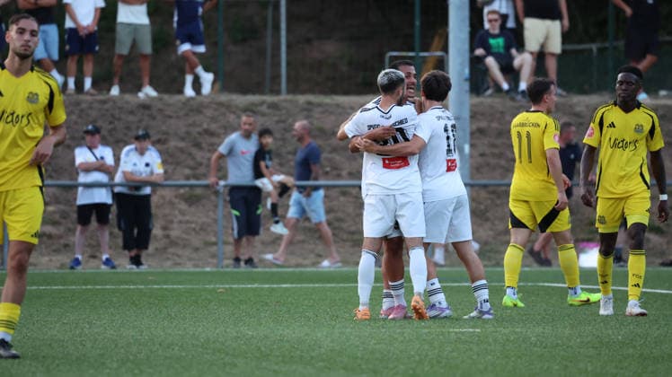 29.07.2026, xrekx, Fussball Schroeder-Liga Saar, 1. FC Saarbruecken II - SpVgg Quierschied v.l. Torjubel nach dem Tor zum celebrating the goal celebrate 2:3 durch Mittermüller Lukas (SpVgg Quierschied) mit Krauß Matthias (SpVgg Quierschied) (DFL DFB REGULATIONS PROHIBIT ANY USE OF PHOTOGRAPHS as IMAGE SEQUENCES and or QUASI-VIDEO) Saarbruecken *** July 29, 2026, xrekx, Soccer, Schroeder League Saar, 1 FC Saarbrücken II vs. SpVgg Quierschied – Goal celebration after the goal scored by Lukas Mittermüller of SpVgg Quierschied with Matthias Krauß of SpVgg Quierschied. DFL and DFB regulations prohibit any use of photographs as image sequencesENCES and or QUASI-VIDEO Saarbruecken