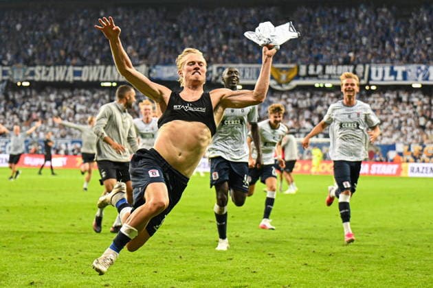 PoznaÅ 29.07.2026. Football UEFA Champions League Qualifying Second Round. Season 2026 2027 match between Lech Poznan and Aarhus GF in Poznan, Poland --- Liga Mistrzow druga runda eliminacji sezon 2026 2027 mecz Lech PoznaÅ - Aarhus GF Persons Shown : Tobias Bech Aarhus GF radosc celebration Fot. Antoni Dec Arena Akcji NEWSPIX.PL --- newspix.pl 