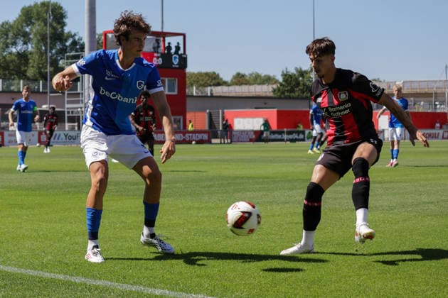 29.07.2026, xgrfx, Fussball Testspiel, Bayer 04 Leverkusen - KRC Genk v.l. Nikolas Sattelberger (KRC Genk), Afonso Moreira (Bayer Leverkusen) (DFL DFB REGULATIONS PROHIBIT ANY USE OF PHOTOGRAPHS as IMAGE SEQUENCES and or QUASI-VIDEO) Leverkusen *** July 29, 2026, xgrfx, Soccer Friendly Match, Bayer 04 Leverkusen vs. KRC Genk, Nikolas Sattelberger (KRC Genk), Afonso Moreira (Bayer Leverkusen). DFL and DFB regulations prohibit any use of photographs as image sequences and or quasi-video. Leverkusen