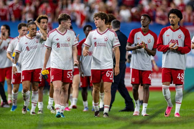 Football - Pre-Season - Liverpool FC v Wrexham AFC NEW YORK, USA - Wednesday, July 29, 2026: Liverpool s James McConnell and Lewis Koumas (R) after a pre-season friendly match between Liverpool FC and Wrexham AFC at Yankee Stadium. Liverpool won 1-0. (Photo by David Rawcliffe Propaganda) NEW YORK Yankee Stadium NEW YORK UNITED STATES OF AMERICA  Copyright: xDavidxRawcliffex P2026-07-29-Liverpool_Wrexham-120