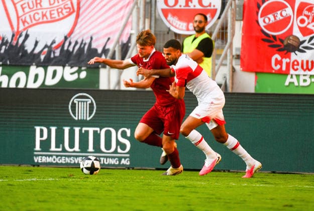29.07.2026, xpsx, Fussball Testspiel, Kickers Offenbach - VfB Stuttgart v.l. Kristjan Arh Cesen (Offenbacher Kickers) (DFL DFB REGULATIONS PROHIBIT ANY USE OF PHOTOGRAPHS as IMAGE SEQUENCES and or QUASI-VIDEO) emspor Offenbach *** July 29, 2026, xpsx, soccer friendly match, Kickers Offenbach vs. VfB Stuttgart, featuring Kristjan Arh, Cesen, Offenbacher Kickers, DFL, DFB. REGULATIONS PROHIBIT ANY USE OF PHOTOGRAPHS AS IMAGE SEQUENCES AND OR QUASI-VIDEO. emspor Offenbach