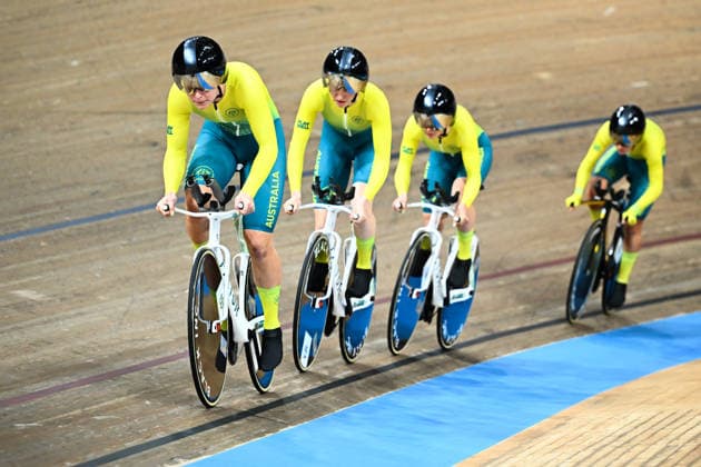 Glasgow 2026 Commonwealth Games Picture by Olly Hassell SWpix.com - 30 07 2026 - Glasgow 2026 Commonwealth Games - Track cycling, Rad, Radsport, Bahnrad, Bahn and Para Track Cycling - Sir Chris Hoy Velodrome, Glasgow, Scotland - Women s 4000m Team Pursuit Qualifying - Sophie Edwards, Claudia Marcks, Alyssa Polites, Felicity Wilson-Haffenden of Australia Glasgow Sir Chris Hoy Velodrome Scotland Copyright: x xSWpix.comx(t axPhotographyxHubxLtd)xOllyxHassell SWpix.comx SWP-3030-15922