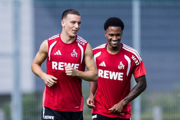 ST. JOHANN IN TIROL, AUSTRIA - JULY 30: Said El Mala (1. FC Koeln, 13) and David Fuerst (Fürst, Furst, 1. FC Koeln, 49) smiling during a training session at trainings camp in Kitzbuehel of season 2026 27 at Koasastadion on July 30, 2026 in St. Johann in Tirol, Austria. Austria Copyright: xSteffiexWunderlx