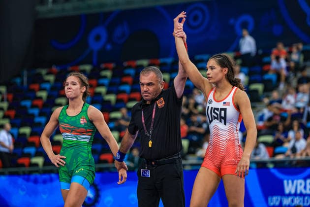 U17, U 17 Wrestling World Championships 53kg WW - Marlee Jade Solomon (USA) df. Mariia Zhytovoz (HUN) *** U17 Wrestling World Championships, 53 kg WW: Marlee Jade Solomon (USA) defeated Mariia Zhytovoz (HUN) by fall Copyright: xUnitedxWorldxWrestlingx xAmirrezx UWW-U17-WC-BAKU-2026