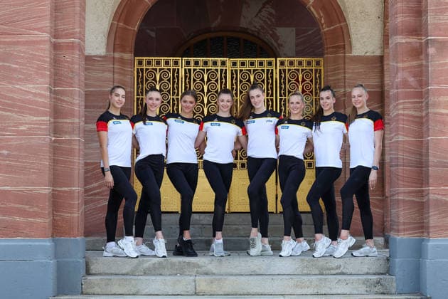 Frankfurt am Main, July 30, 2026: Team Germany at Festhalle from left Anna-Maria Shatokhin (TSV Schmiden), Helena Ripken (VfL Zehlendorf), Anastasia Simakova (TSV Schmiden), Lada Pusch (TSV Schmiden), Darja Varfolomeev (TSV Schmiden), Anja Kosan (SC Siemensstadt), Alisa Datsenko (TSV Schmiden) and Alina Ott (TSV Nürnberg 1846) during a media day from Deutscher Turner-Bund (DTB) ahead of the Rhythmic gymnastics, Rhythmische Sportgymnastik, RSG World Championships at Festhalle Frankfurt (Aug. 12 16.2026) *** Frankfurt am Main, July 30, 2026 Team Germany at the Festhalle: from left, Anna Maria Shatokhin (TSV Schmiden), Helena Ripken (VfL Zehlendorf), Anastasia Simakova (TSV Schmiden), Lada Pusch (TSV Schmiden), Darja Varfolomeev (TSV Schmiden), Anja Kosan (SC Siemensstadt), Alisa Datsenko (TSV Schmiden), and Alina Ott (TSV Nürnberg 1846) during a media day hosted by the German Gymnastics Federation (DTB) ahead of the Rhythmic Gymnastics World Championships at the Festhalle in Frankfurt, August 12–16, 2026 Copyright: HMBxMedia JoaquimxFerreira