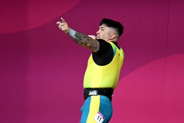 COM26 WEIGHTLIFTING, Ridge Barredo of Australia gestures after a successful lift in the Men™s 110kg Weightlifting during the Glasgow 2026 Commonwealth Games at the SEC Armadillo in Glasgow, Scotland, Thursday, July 30, 2026. ( NO ARCHIVING, EDITORIAL USE ONLY Glasgow Scotland United Kingdom  Copyright: xLUKASxCOCHx 20260730126536635506