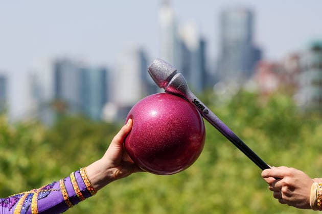 Frankfurt am Main, July 30, 2026: symbolic photo of gymnastics, Frankfurt Skyline during a media day from Deutscher Turner-Bund (DTB) ahead of the Rhythmic gymnastics, Rhythmische Sportgymnastik, RSG World Championships at Festhalle Frankfurt (Aug. 12 16.2026) *** Frankfurt am Main, July 30, 2026: A symbolic photo of gymnastics and the Frankfurt skyline taken during a media day hosted by the German Gymnastics Federation (DTB) ahead of the Rhythmic Gymnastics World Championships at the Festhalle Frankfurt, August 12–16, 2026 Copyright: HMBxMedia JoaquimxFerreira