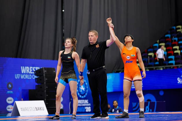 U17, U 17 Wrestling World Championships 53kg WW - Akshara Akshara (IND) df. Valeria Dmitrievna Stancheva (BUL) *** U17 Wrestling World Championships, 53 kg WW: Akshara Akshara (IND) def. Valeria Dmitrievna Stancheva (BUL) Copyright: xKostadinxAndonovx UWW-U17-WC-BAKU-2026
