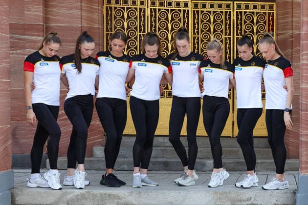 Frankfurt am Main, July 30, 2026: Team Germany at Festhalle from left Anna-Maria Shatokhin (TSV Schmiden), Helena Ripken (VfL Zehlendorf), Anastasia Simakova (TSV Schmiden), Lada Pusch (TSV Schmiden), Darja Varfolomeev (TSV Schmiden), Anja Kosan (SC Siemensstadt), Alisa Datsenko (TSV Schmiden) and Alina Ott (TSV Nürnberg 1846) during a media day from Deutscher Turner-Bund (DTB) ahead of the Rhythmic gymnastics, Rhythmische Sportgymnastik, RSG World Championships at Festhalle Frankfurt (Aug. 12 16.2026) *** Frankfurt am Main, July 30, 2026 Team Germany at the Festhalle: from left, Anna Maria Shatokhin (TSV Schmiden), Helena Ripken (VfL Zehlendorf), Anastasia Simakova (TSV Schmiden), Lada Pusch (TSV Schmiden), Darja Varfolomeev (TSV Schmiden), Anja Kosan (SC Siemensstadt), Alisa Datsenko (TSV Schmiden), and Alina Ott (TSV Nürnberg 1846) during a media day hosted by the German Gymnastics Federation (DTB) ahead of the Rhythmic Gymnastics World Championships at the Festhalle in Frankfurt, August 12–16, 2026 Copyright: HMBxMedia JoaquimxFerreira