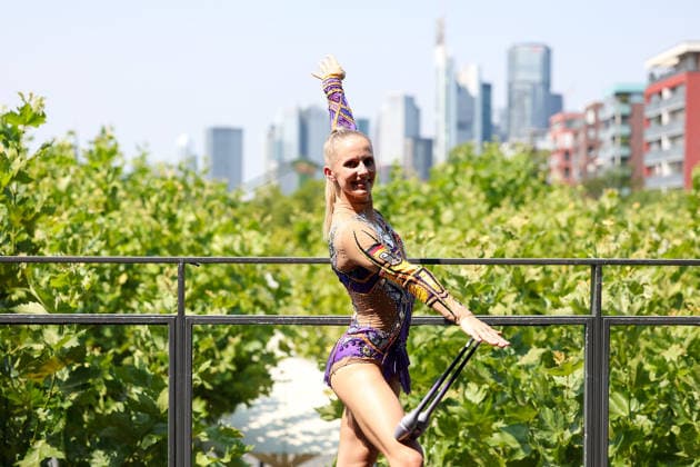 Frankfurt am Main, July 30, 2026: Anja Kosan (SC Siemensstadt), in action during a media day from Deutscher Turner-Bund (DTB) ahead of the Rhythmic gymnastics, Rhythmische Sportgymnastik, RSG World Championships at Festhalle Frankfurt (Aug. 12 16.2026) *** Frankfurt am Main, July 30, 2026: Anja Kosan of SC Siemensstadt in action during a media day organized by the German Gymnastics Federation (DTB) ahead of the Rhythmic Gymnastics World Championships at the Festhalle Frankfurt, August 12–16, 2026 Copyright: HMBxMedia JoaquimxFerreira