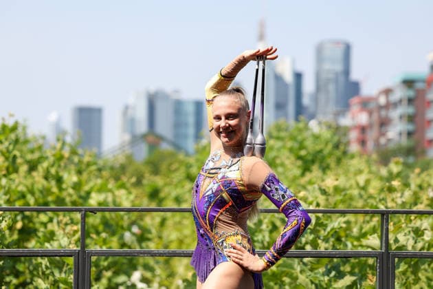 Frankfurt am Main, July 30, 2026: Alina Ott (TSV Nürnberg 1846), in action during a media day from Deutscher Turner-Bund (DTB) ahead of the Rhythmic gymnastics, Rhythmische Sportgymnastik, RSG World Championships at Festhalle Frankfurt (Aug. 12 16.2026) *** Frankfurt am Main, July 30, 2026: Alina Ott of TSV Nürnberg 1846 in action during a media day organized by the German Gymnastics Federation (DTB) ahead of the Rhythmic Gymnastics World Championships at the Festhalle Frankfurt, August 12–16, 2026 Copyright: HMBxMedia JoaquimxFerreira