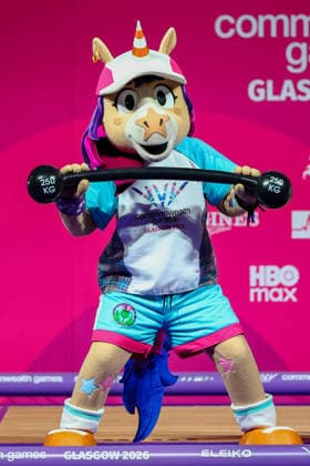 RECORD DATE NOT STATED 30th July 2026; Glasgow, Scotland; 2026 Commonwealth Games, Day Eight; Mens 110kg Weightlifting, Finnie the Games mascot has a go at weightlifting RogerxEvans