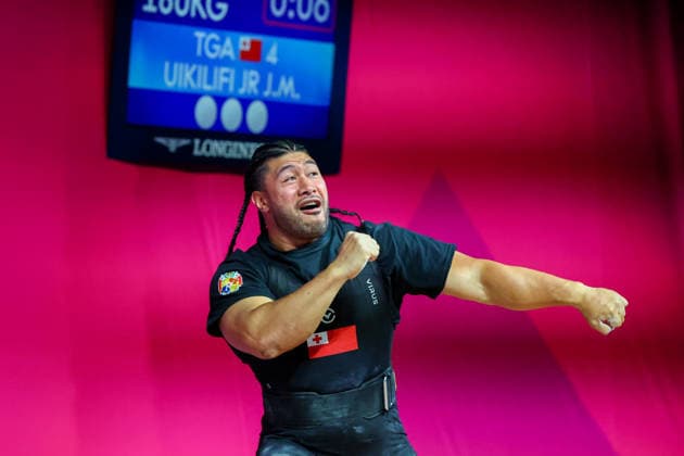 RECORD DATE NOT STATED 30th July 2026; Glasgow, Scotland; 2026 Commonwealth Games, Day Eight; Mens 110kg Weightlifting, Joshua Makafana Uikilifi Jr (TGA) in the clean and jerk celebrates to the crowd RogerxEvans