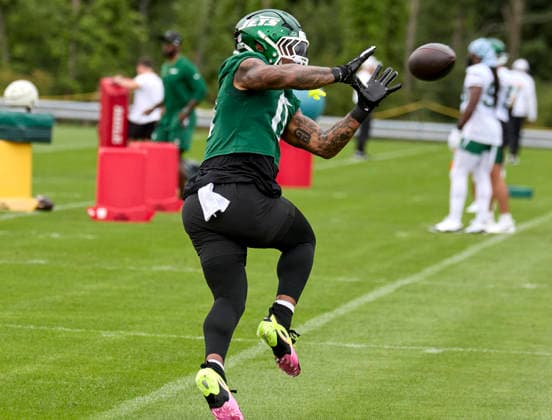 New York Jet running back Braelon Thomas (0) during training camp at the Atlantic Health Jets Training Center, Florham Park, New Jersey. CSM NFL, American Football Herren, USA 2026: NY Jets Training Camp JUL 30  - ZUMAc04_ 20260730_zma_c04_008 Copyright: xDuncanxWilliamsx