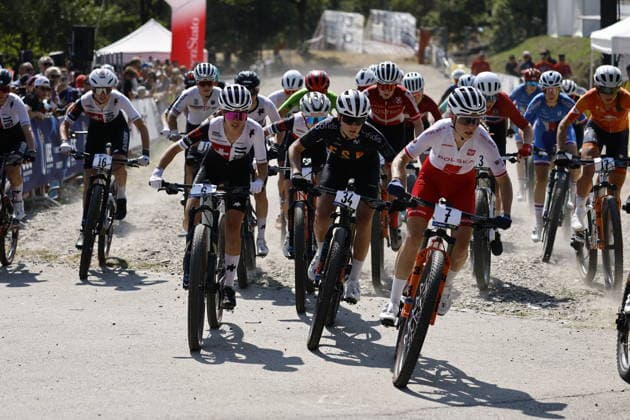 30.07.2026, Monteceneri, Monte Ceneri, 2026 UEC MTB European Championship, EM, Europameisterschaft XCC Women U23 s Final (cross country short track) Natalia Grzegorzewska 7 (POL), Marta Cano Espinosa 34 (ESP) Elina Benoit 6 (SUI) and the rest of the riders at the first bend Monteceneri Monte Ceneri Ticino Switzerland *** July 30, 2026, Monteceneri, Monte Ceneri, 2026 UEC MTB European Championship XCC Women U23 Final, cross-country short track: Natalia Grzegorzewska 7 POL, Marta Cano Espinosa 34 ESP, Elina Benoit 6 SUI, and the rest of the riders at the first turn in Monteceneri, Monte Ceneri, Ticino, Switzerland Copyright: xJustPictures.ch FrancescoxMinghettix jp-en-FrMi-_NG_1301