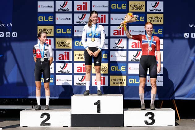30.07.2026, Monteceneri, Monte Ceneri, 2026 UEC MTB European Championship, EM, Europameisterschaft XCC Women U23 s Final (cross country short track) Elina Benoit 6 (SUI) 2nd place and silver medal, Lea Huber 16 (SUI) 1st place, European Champion and gold medal and Lisa Kristine Jorde 3 (NOR) 3rd place and bronze medal Monteceneri Monte Ceneri Ticino Switzerland *** July 30, 2026, Monteceneri, Monte Ceneri, 2026 UEC MTB European Championship XCC Women U23 Final, cross-country short track: Elina Benoit 6 SUI, 2nd place and silver medal, Lea Huber 16 SUI 1st place, European Champion, and gold medal; and Lisa Kristine Jorde 3 NOR 3rd place and bronze medal; Monteceneri, Monte Ceneri, Ticino, Switzerland Copyright: xJustPictures.ch FrancescoxMinghettix jp-en-FrMi-_NG_1668