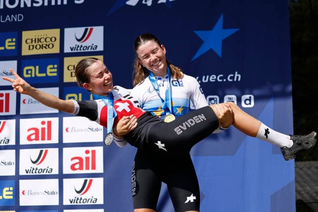 30.07.2026, Monteceneri, Monte Ceneri, 2026 UEC MTB European Championship, EM, Europameisterschaft XCC Women U23 s Final (cross country short track) Lea Huber 16 (SUI) 1st place, European Champion and gold medal and Elina Benoit 6 (SUI) 2nd place and silver medal enjoying the victory Monteceneri Monte Ceneri Ticino Switzerland *** July 30, 2026, Monteceneri, Monte Ceneri, 2026 UEC MTB European Championship XCC Women U23 Final, cross-country short track: Lea Huber (16, SUI) took 1st place, becoming European Champion and winning the gold medal, while Elina Benoit (6, SUI) took 2nd place and the silver medal, both celebrating their victories in Monteceneri, Monte Ceneri, Ticino, Switzerland Copyright: xJustPictures.ch FrancescoxMinghettix jp-en-FrMi-_NG_1786