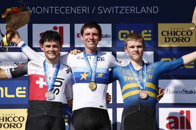 30.07.2026, Monteceneri, Monte Ceneri, 2026 UEC MTB European Championship, EM, Europameisterschaft XCC Men U23 s Final (cross country short track) Nicolas Halter 4 (SUI) 2nd place and silver medal, Paul Schehl 2 (GER) 1st place, European Champion and gold medal and Leo Lounela 8 (SWE) 3rd place and bronze medal Monteceneri Monte Ceneri Ticino Switzerland *** July 30, 2026, Monteceneri, Monte Ceneri, 2026 UEC MTB European Championship XCC Men’s U23 Final, cross-country short track: Nicolas Halter (4 SUI) – 2nd place and silver medal, Paul Schehl 2 GER 1st place, European Champion, and gold medal; and Leo Lounela 8 SWE 3rd place and bronze medal; Monteceneri, Monte Ceneri, Ticino, Switzerland Copyright: xJustPictures.ch FrancescoxMinghettix jp-en-FrMi-_NG_2093