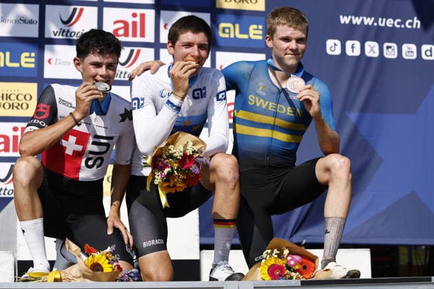 30.07.2026, Monteceneri, Monte Ceneri, 2026 UEC MTB European Championship, EM, Europameisterschaft XCC Men U23 s Final (cross country short track) Nicolas Halter 4 (SUI) 2nd place and silver medal, Paul Schehl 2 (GER) 1st place, European Champion and gold medal and Leo Lounela 8 (SWE) 3rd place and bronze medal Monteceneri Monte Ceneri Ticino Switzerland *** July 30, 2026, Monteceneri, Monte Ceneri, 2026 UEC MTB European Championship XCC Men’s U23 Final, cross-country short track: Nicolas Halter (4 SUI) – 2nd place and silver medal, Paul Schehl 2 GER 1st place, European Champion, and gold medal; and Leo Lounela 8 SWE 3rd place and bronze medal; Monteceneri, Monte Ceneri, Ticino, Switzerland Copyright: xJustPictures.ch FrancescoxMinghettix jp-en-FrMi-_NG_2105