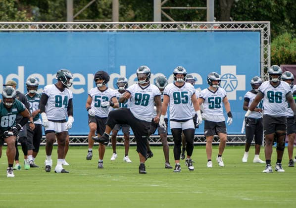 July 30, 2026, Philadelphia, Pennsylvania, United States: Philadelphia Eagles EJ JENKINS, ZACK BAUN, JALEN CARTER, STONE SMARTT, JALYX HUNT, and GABE HALL in action at the Eagles training camp held at the Jefferson Health Complex in Philadelphia Pa NFL, American Football Herren, USA 2026: Eagles Training Camp  - ZUMArf1_ 20260730_zaf_rf1_021 Copyright: xRickyxFitchettx