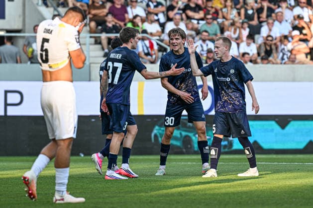 R-L David Edvardsson of Tromso IL, Isak Vadebu of Tromso IL, and Sander Havik Innvaer of Tromso IL celebrate a goal during the second leg of the Europa League second qualifying round between FC Hradec Kralove and Tromso IL, Hradec Kralove, July 30, 2026. (CTKxPhoto DavidxTanecek) CTKPhotoP2026073007889  CTKPhotoP2026073007889