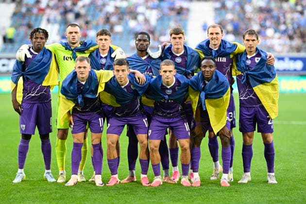 KAA Gent v LNZ Cherkasy - UEFA Conference League GENT, BELGIUM - JULY 30 : Players of LNZ Cherkasy with ukraine flags pictured during the UEFA Conference League 2026 27 second qualifying round second leg between KAA Gent and LNZ Cherkasy on July 30, 2026 in Gent, Belgium, 30 07 2026 Gent Belgium  Copyright: xNicoxVereeckenx
