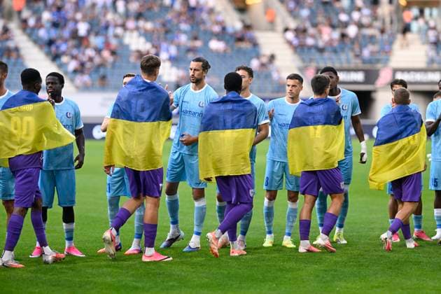 KAA Gent v LNZ Cherkasy - UEFA Conference League GENT, BELGIUM - JULY 30 : Players of LNZ Cherkasy with ukraine flags pictured during the UEFA Conference League 2026 27 second qualifying round second leg between KAA Gent and LNZ Cherkasy on July 30, 2026 in Gent, Belgium, 30 07 2026 Gent Belgium  Copyright: xNicoxVereeckenx