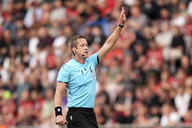 Midtjylland v Besiktas - UEFA Europa League HERNING, DENMARK - JULY 30: Referee John Brooks officiates the UEFA Europa League second qualifying round second-leg match between Midtjylland and Besiktas at MCH Arena in Herning, Denmark, on July 30, 2026. Arife Karakum Anadolu Herning Denmark. Editorial use only. Please get in touch for any other usage.  Copyright: x2026xAnadoluxArifexKarakumx