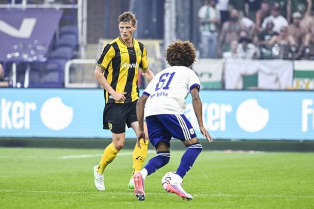 Hammarby s Frederik Winther pictured in action during a soccer game between Belgian RSC Anderlecht and Swedish Hammarby IF, Thursday 30 July 2026 in Brussels, the return leg of the second qualifying round for the UEFA Europa League. The first leg ended in a 1-1 draw. TOM GOYVAERTS TomxGoyvaerts  x182422546x