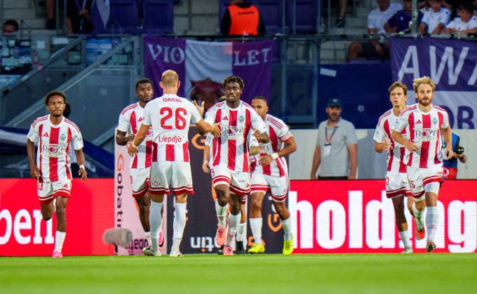 SOCCER - UEFA ECL, A.Wien vs Liepaja VIENNA,AUSTRIA,30.JUL.26 - SOCCER - UEFA Conference League, qualification, Austria Wien vs FK Liepaja. Image shows the rejoicing of Liepaja.  GEPAxpictures xEdgarxEisner
