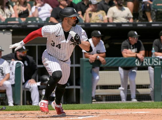 Chicago White Sox Randal Grichuk (34) doubles during the first inning against the New York Yankees at Rate Field in Chicago, IL on Thursday, July 30, 2026.  CHI20260730106 MARKxBLACK