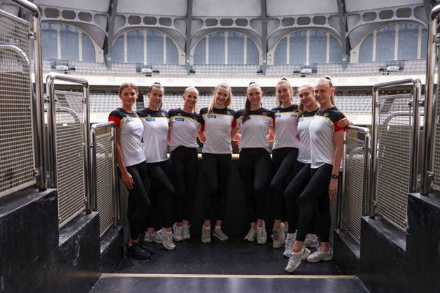 Frankfurt am Main, July 30, 2026: Team Germany at the Festhalle in Frankfurt, from left Anastasia Simakova (TSV Schmiden), Alisa Datsenko (TSV Schmiden), Anja Kosan (SC Siemensstadt), Lada Pusch (TSV Schmiden), Helena Ripken (VfL Zehlendorf), Darja Varfolomeev (TSV Schmiden), Anna-Maria Shatokhin (TSV Schmiden) and Alina Ott (TSV Nürnberg 1846) during a media day from Deutscher Turner-Bund (DTB) ahead of the Rhythmic gymnastics, Rhythmische Sportgymnastik, RSG World Championships at Festhalle Frankfurt (Aug. 12 16.2026) *** Frankfurt am Main, July 30, 2026 Team Germany at the Festhalle in Frankfurt, from left: Anastasia Simakova (TSV Schmiden), Alisa Datsenko (TSV Schmiden), Anja Kosan (SC Siemensstadt), Lada Pusch (TSV Schmiden), Helena Ripken (VfL Zehlendorf), Darja Varfolomeev (TSV Schmiden), Anna Maria Shatokhin (TSV Schmiden), and Alina Ott (TSV Nürnberg 1846) during a media day organized by the German Gymnastics Federation (DTB) ahead of the Rhythmic Gymnastics World Championships at the Festhalle in Frankfurt on August 12–16, 2026 Copyright: HMBxMedia JoaquimxFerreira