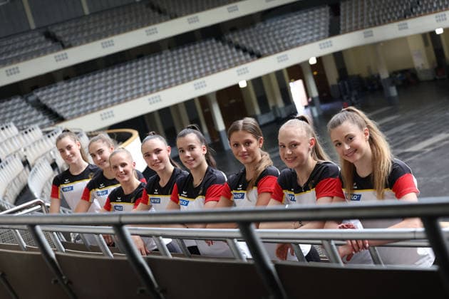 Frankfurt am Main, July 30, 2026: Team Germany from left Darja Varfolomeev (TSV Schmiden), Anna-Maria Shatokhin (TSV Schmiden), Anja Kosan (SC Siemensstadt), Helena Ripken (VfL Zehlendorf),Alisa Datsenko (TSV Schmiden), Anastasia Simakova (TSV Schmiden), Alina Ott (TSV Nürnberg 1846) and Lada Pusch (TSV Schmiden) during a media day from Deutscher Turner-Bund (DTB) ahead of the Rhythmic gymnastics, Rhythmische Sportgymnastik, RSG World Championships at Festhalle Frankfurt (Aug. 12 16.2026) *** Frankfurt am Main, July 30, 2026 Team Germany, from left: Darja Varfolomeev (TSV Schmiden), Anna Maria Shatokhin (TSV Schmiden), Anja Kosan (SC Siemensstadt), Helena Ripken (VfL Zehlendorf), Alisa Datsenko (TSV Schmiden), Anastasia Simakova (TSV Schmiden), Alina Ott (TSV Nürnberg 1846), and Lada Pusch (TSV Schmiden) during a media day hosted by the German Gymnastics Federation (DTB) ahead of the Rhythmic Gymnastics World Championships at the Festhalle Frankfurt on August 12–16, 2026 Copyright: HMBxMedia JoaquimxFerreira