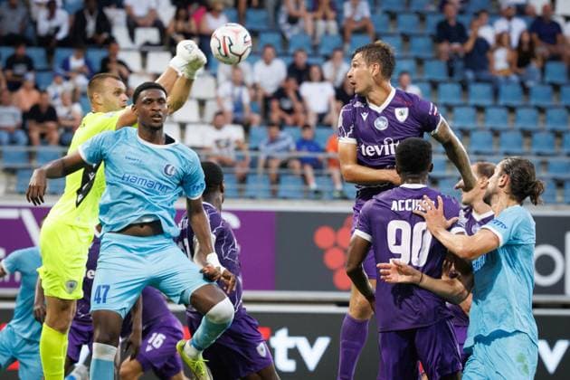 Cherkasy s Oleksii Palamarchuk and Gent s Josue Yamir Vergara fight for the ball during a soccer game between Belgian KAA Gent and Ukrainian FC LNZ Cherkasy, Thursday 30 July 2026 in Gent, the return leg of the second qualifying round for the UEFA Conference League. The first leg ended in a 0-0 draw. KURTxDESPLENTER  x182424511x