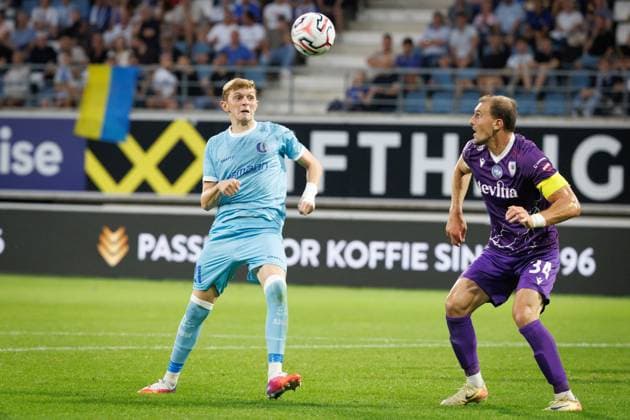 Gent s Max Dean and Cherkasy s Nazarii Muravskyi fight for the ball during a soccer game between Belgian KAA Gent and Ukrainian FC LNZ Cherkasy, Thursday 30 July 2026 in Gent, the return leg of the second qualifying round for the UEFA Conference League. The first leg ended in a 0-0 draw. KURTxDESPLENTER  x182425159x
