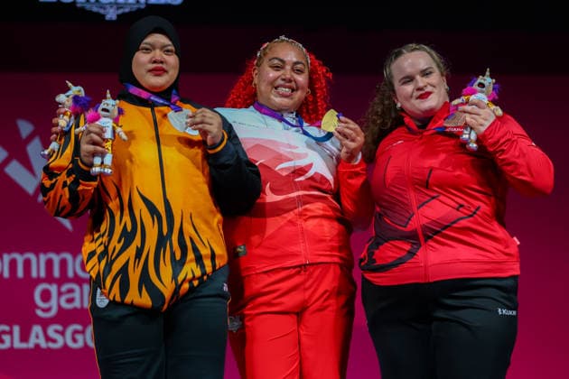 RECORD DATE NOT STATED 30th July 2026; Glasgow, Scotland; 2026 Commonwealth Games, Day Eight; Womens +86kg Weightlifting, gold medallist Emily Campbell (ENG) , silver medallist, Siti Aqilah Farhana Draman (MAS) , bronze medallist Etta Mae Love (CAN) RogerxEvans